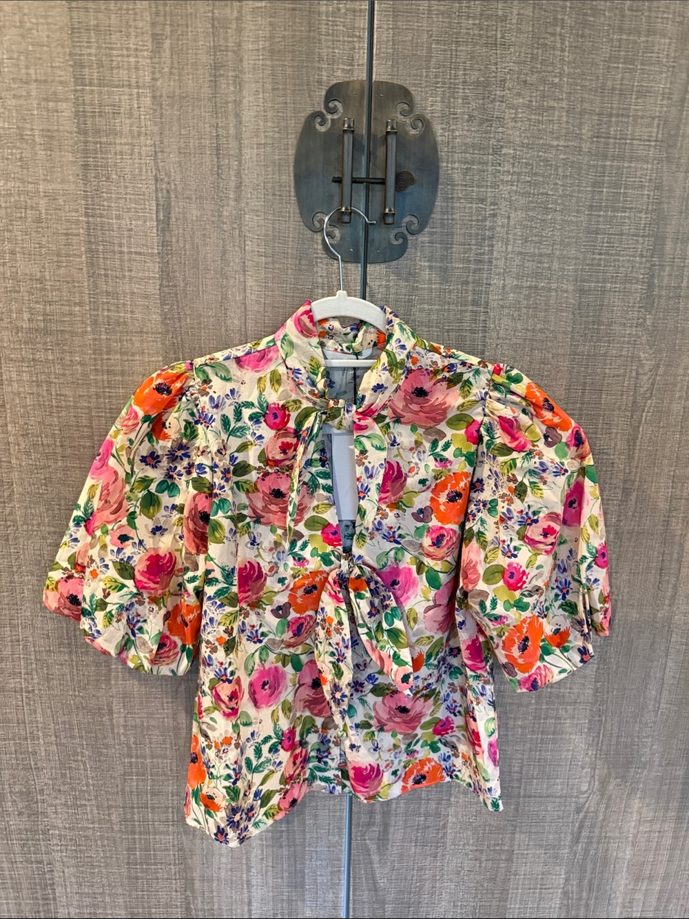 Zara Floral Tie-Front Puff Sleeve Top - Pink & Orange Floral
